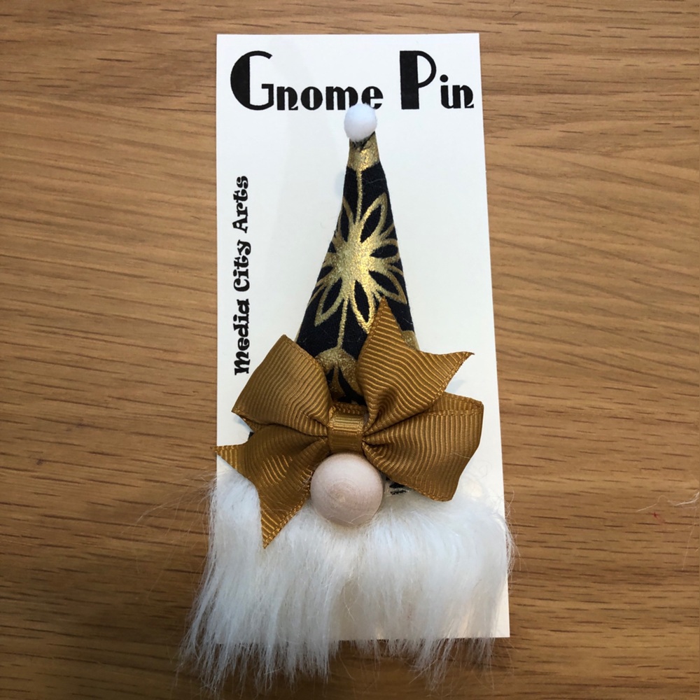 Black Gold Gnome Pin Brooch Handmade Gift Guide Bow Magnetic News Years 50YRS #3